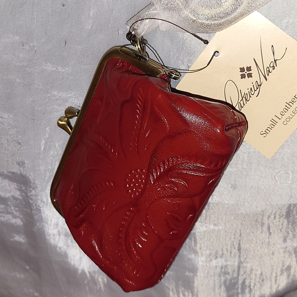 Patricia Nash Borse Ruby Red Tooled Embossed Leather Coin Purse Bnwt HL